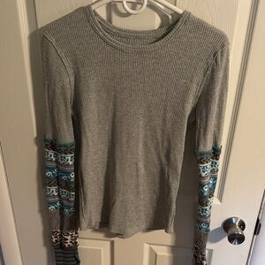 We The Free Gray Long Sleeve with Patterned Sleeves